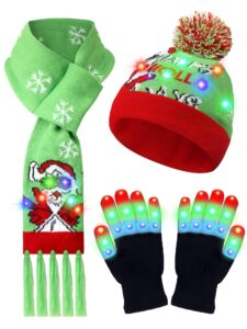 eurzom 3 pieces led light up christmas hat xmas light up scarf gloves set holiday christmas hat beanie knit cap for christmas party (sunglasses)