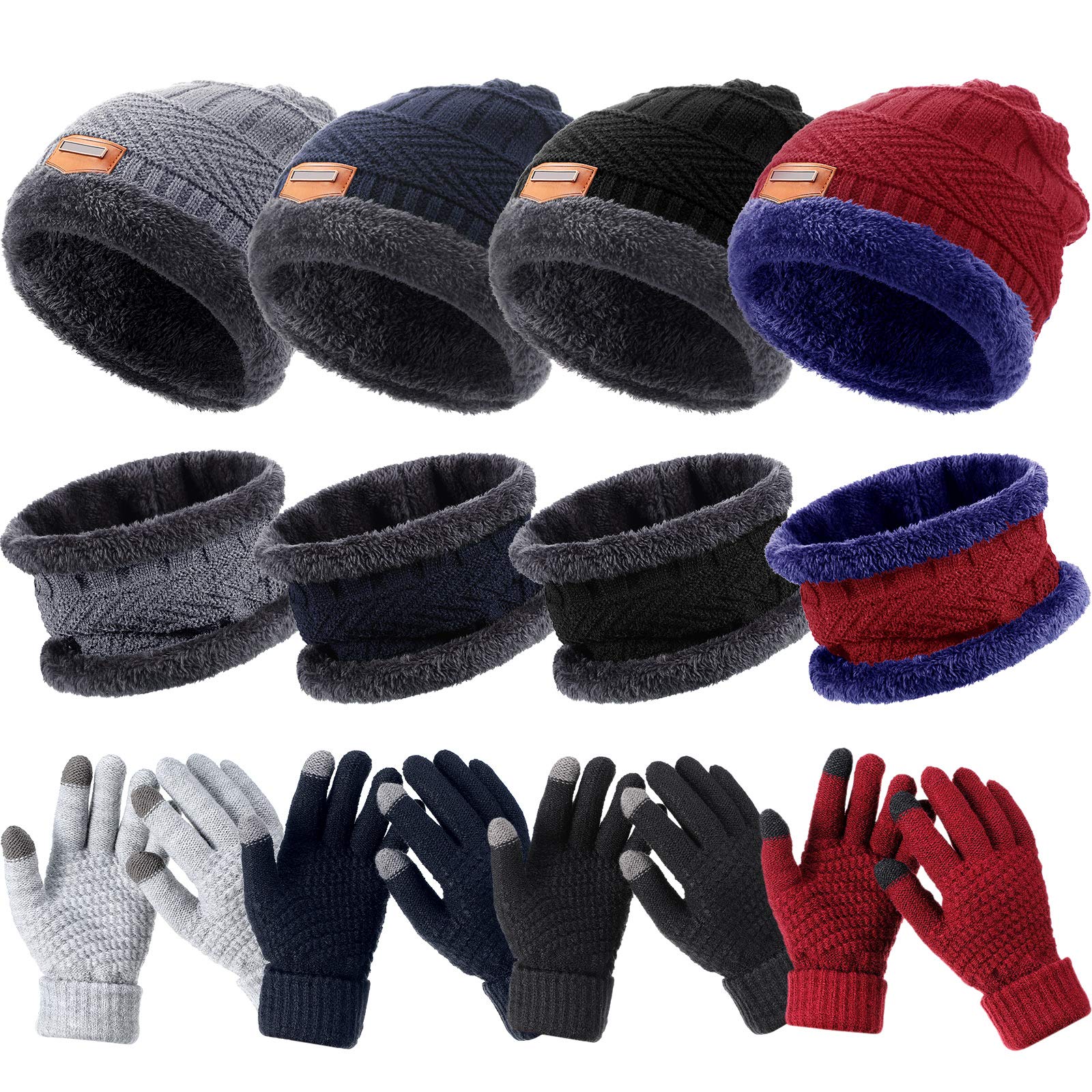 Winter Beanie Hat Scarf Gloves (Dark Gray, Navy Blue, Wine Red, Black,12 Pieces)