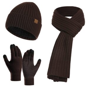 3Pcs Winter Beanie Hat Scarf Gloves Set for Men Womens Ski Cap Touch Screen Mittens Suit Couples Matching Hats for Men Women (Coffee)