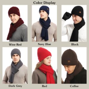 3Pcs Winter Beanie Hat Scarf Gloves Set for Men Womens Ski Cap Touch Screen Mittens Suit Couples Matching Hats for Men Women (Coffee)