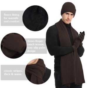 3Pcs Winter Beanie Hat Scarf Gloves Set for Men Womens Ski Cap Touch Screen Mittens Suit Couples Matching Hats for Men Women (Coffee)