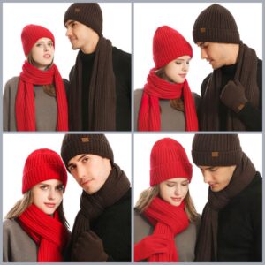 3Pcs Winter Beanie Hat Scarf Gloves Set for Men Womens Ski Cap Touch Screen Mittens Suit Couples Matching Hats for Men Women (Coffee)