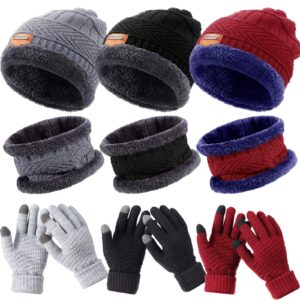 9 pieces winter knit beanie hat neck warmer touchscreen gloves set fleece lined knitted caps circle loop scarf knitted gloves for men women