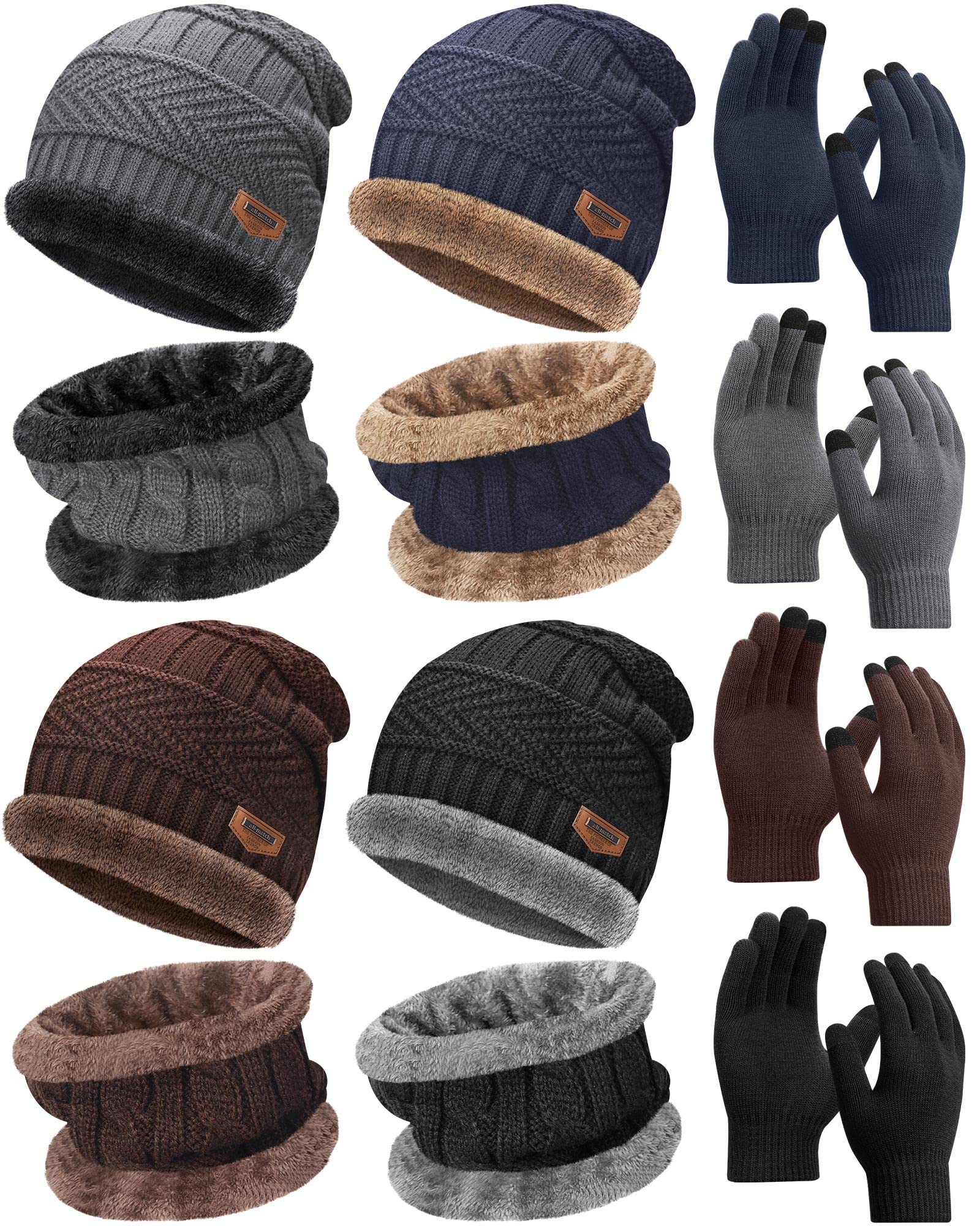 12 Pieces Winter Hat Scarf Gloves Set Snow Beanie Hat Knit Skull Caps Touch Screen Mittens Warm Neck Warmer for Men Women Cold Weather Skiing, 4 Colors