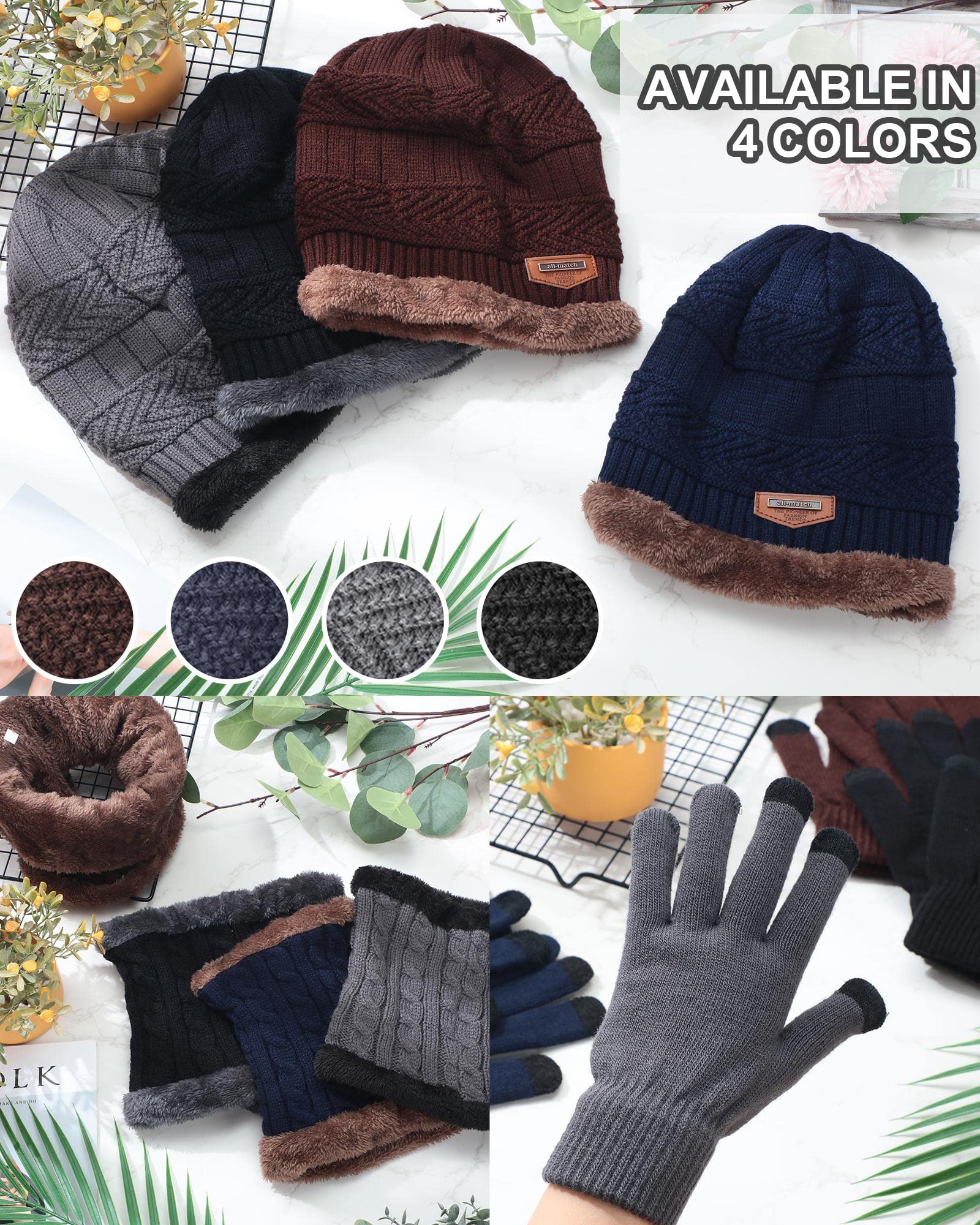 12 Pieces Winter Hat Scarf Gloves Set Snow Beanie Hat Knit Skull Caps Touch Screen Mittens Warm Neck Warmer for Men Women Cold Weather Skiing, 4 Colors