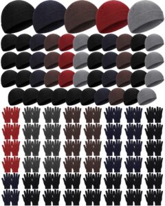 tarpop 96 pcs winter beanies and gloves bulk, cold weather unisex winter hat and gloves for homeless men women(black, dark blue, coffee, red)