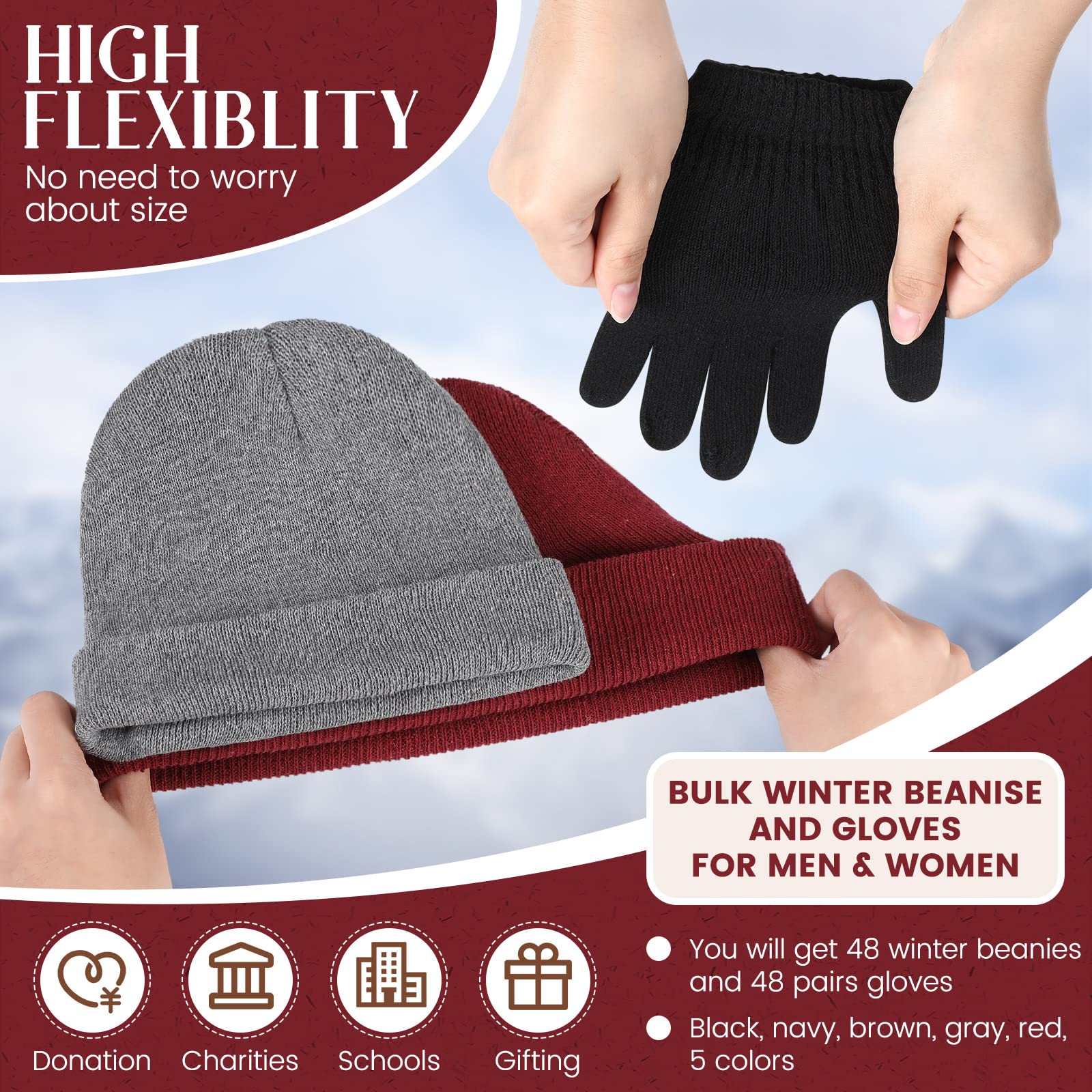 Tarpop 96 Pcs Winter Beanies and Gloves Bulk, Cold Weather Unisex Winter Hat and Gloves for Homeless Men Women(Black, Dark Blue, Coffee, Red)
