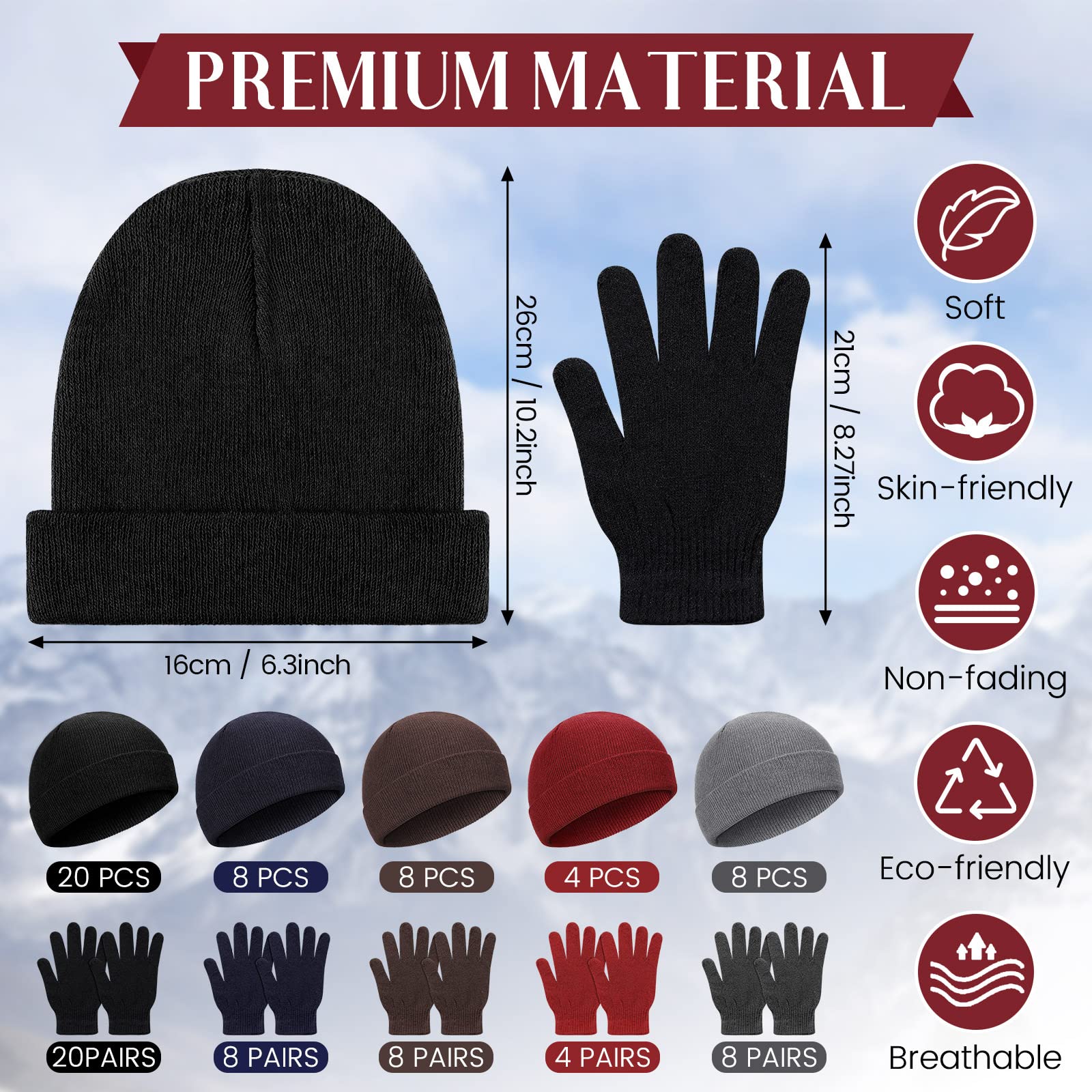 Tarpop 96 Pcs Winter Beanies and Gloves Bulk, Cold Weather Unisex Winter Hat and Gloves for Homeless Men Women(Black, Dark Blue, Coffee, Red)