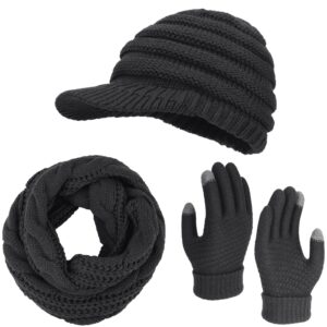 3 pack winter knitted brim beanie hats gloves scarf set warm hat scarf and touchscreen gloves for men women (black)