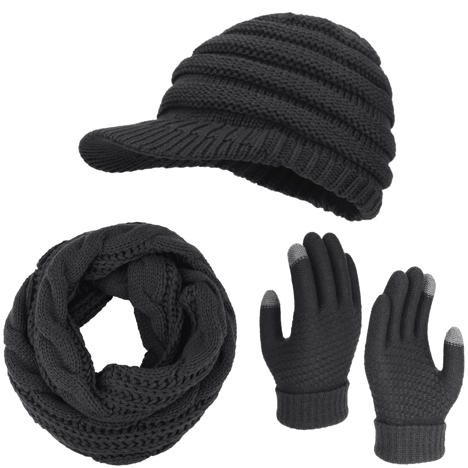 3 Pack Winter Knitted Brim Beanie Hats Gloves Scarf Set Warm Hat Scarf and Touchscreen Gloves for Men Women (Black)