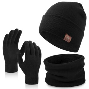ozero beanie hat scarf and gloves 3 in 1 set for men and women - winter touchscreen gloves knit hats and neck warmer slouchy daily warm set black