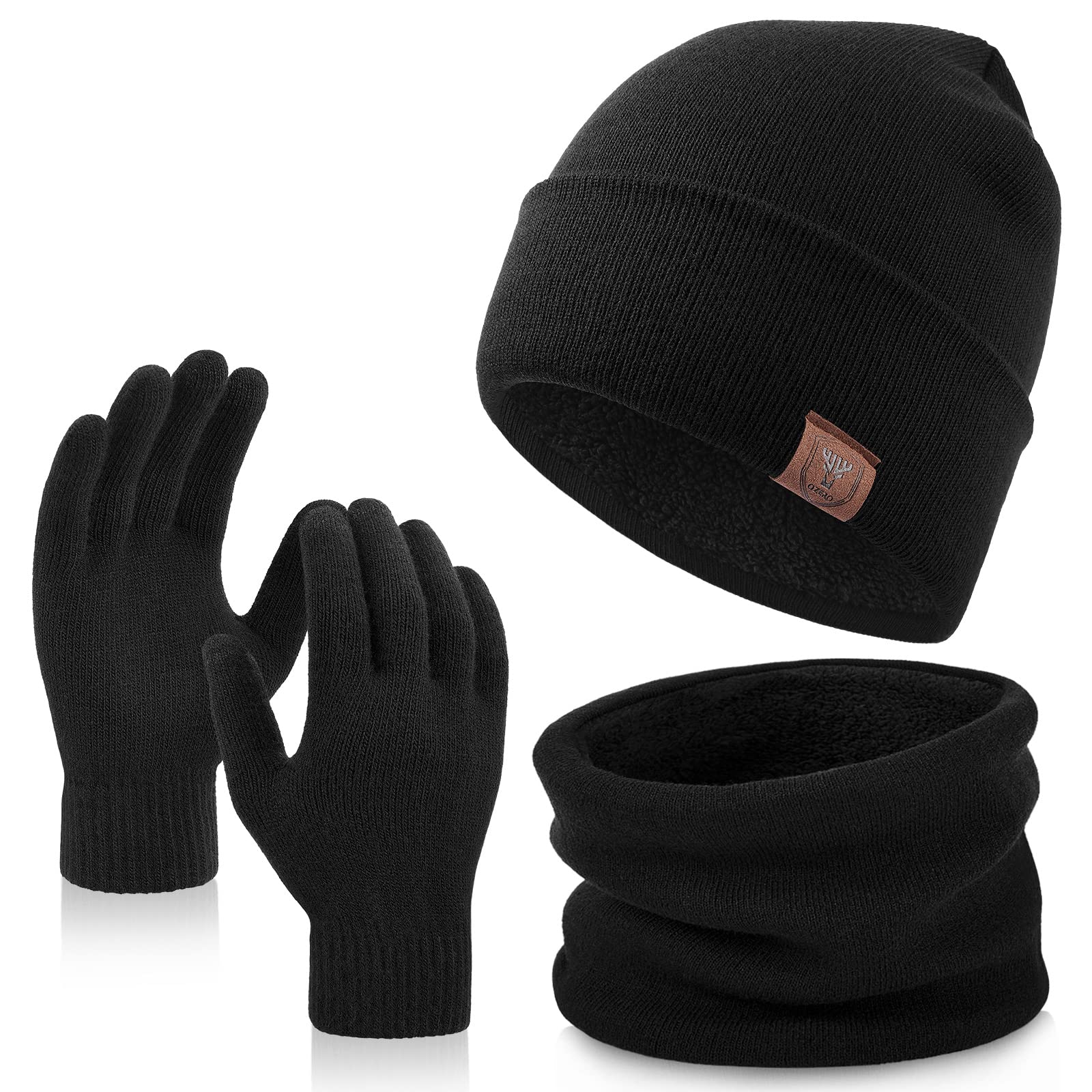 OZERO Beanie Hat Scarf and Gloves 3 in 1 Set for Men and Women - Winter Touchscreen Gloves Knit Hats and Neck Warmer Slouchy Daily Warm Set Black