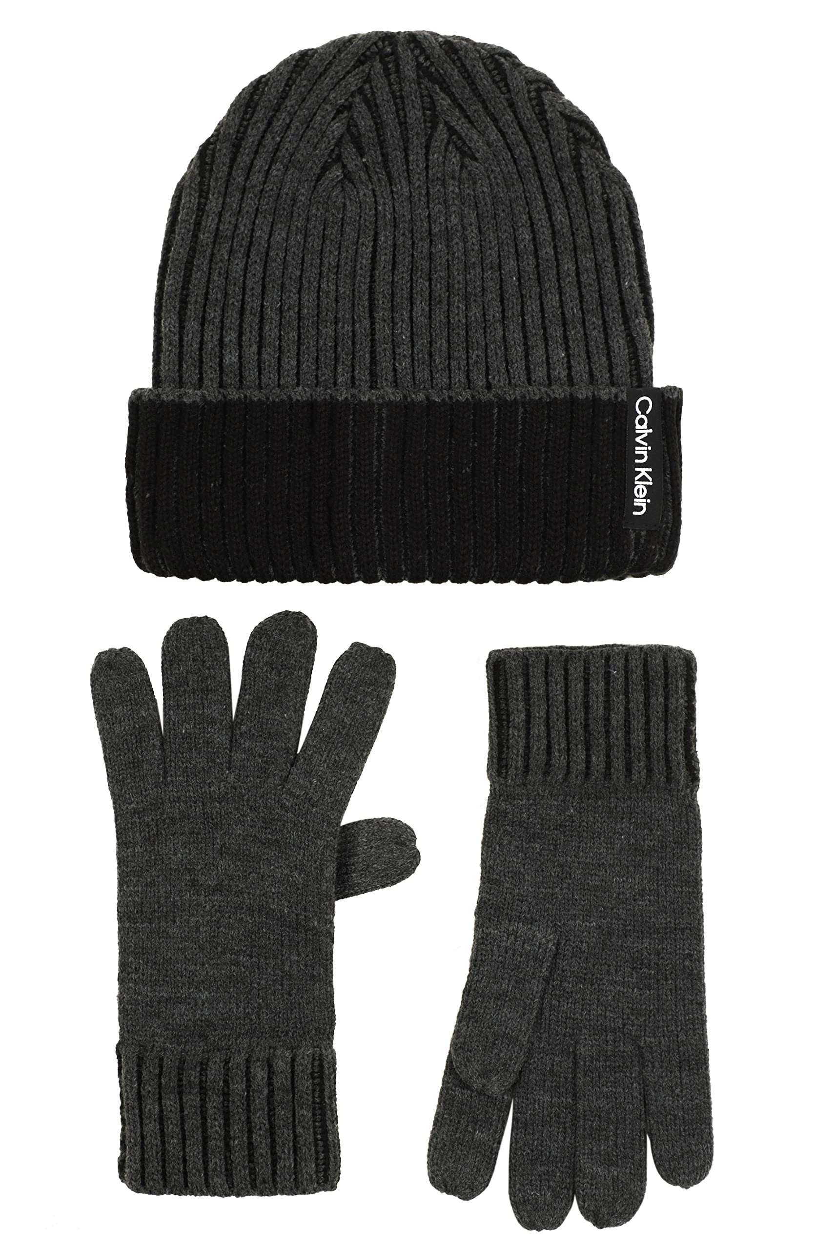 Calvin Klein Men's Double Wide Fisherman Rib Cuff Hat and Glove Set, Gunmetal Heather