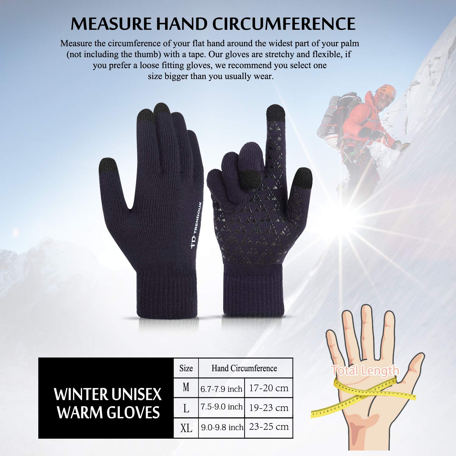 TRENDOUX Winter Gloves for Men, Womens Gloves with Touchscreen Fingers - Thermal Liners - Anti-Slip Grip - Elastic Cuff - Premium Material - Knit Glove for Phone Texting Typing Outdoor - Navy - M