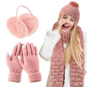 jenpen winter hats scarf gloves set for women including ear covers cold weather glove scarves hats knit beanie scarf glove (pink)