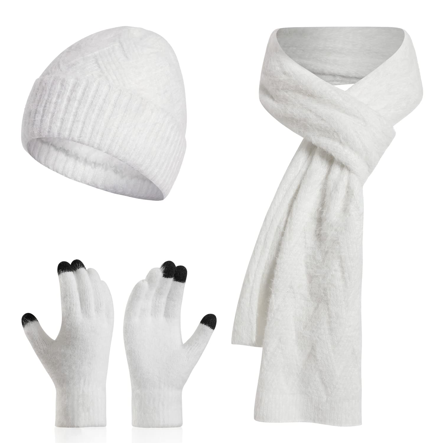 ecodudo Women Winter Beanie Hat Scarf Set Touch Screen Gloves Set with Pom for Women (White)