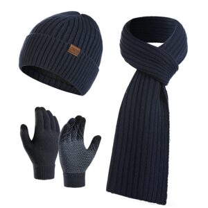 LONGTEN Winter Beanie Hat Scarf Touch Screen Driving Gloves Set for Men Women Ribbed Knit 3 in 1 Navy