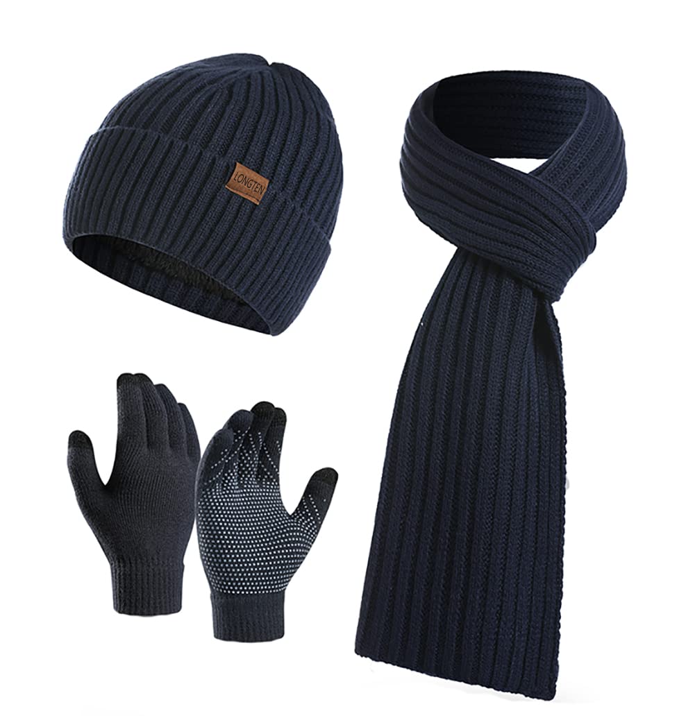 LONGTEN Winter Beanie Hat Scarf Touch Screen Driving Gloves Set for Men Women Ribbed Knit 3 in 1 Navy