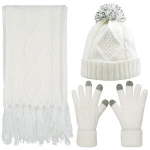 scarf hat gloves set women warm knit winter gift pom beanie touch screen 3 pcs (cream white)