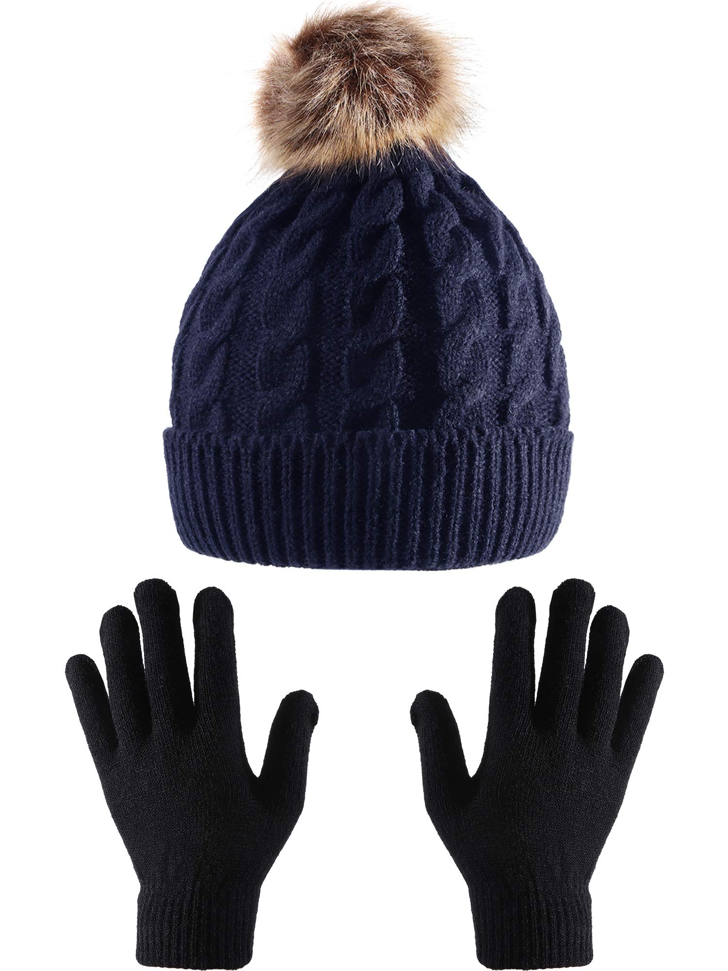 Women's Winter Knitted Beanie Hat with Faux Fur Pom Slouchy Hat and Full Finger Knitted Gloves (Navy Blue Hat)