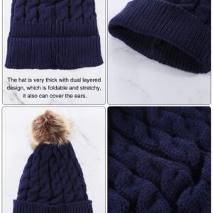 Women's Winter Knitted Beanie Hat with Faux Fur Pom Slouchy Hat and Full Finger Knitted Gloves (Navy Blue Hat)