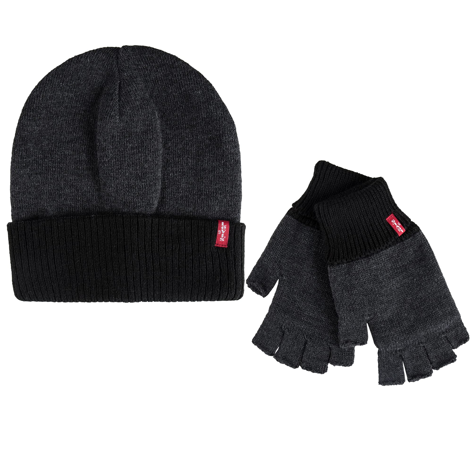 Levi's Men's Reversible Beanie with Fingerless Gloves Set, Charcoal/Black, One Size