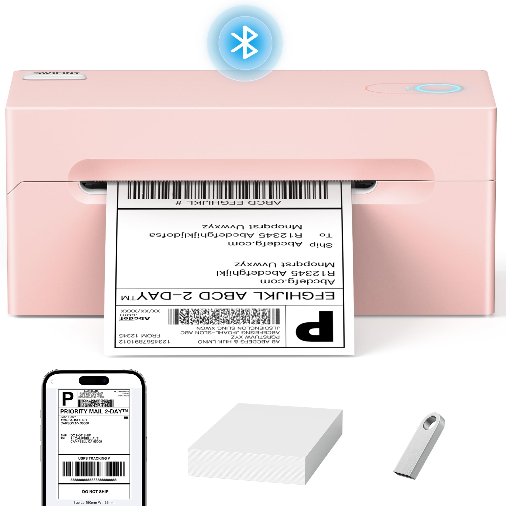 SWIFINT Bluetooth Thermal Shipping Label Printer, 4x6 Wireless Thermal Label Printer for Shipping Packages, Compatibel with Android, iPhone and Windows, Widely Used for Amazon, Pink, 1 Count