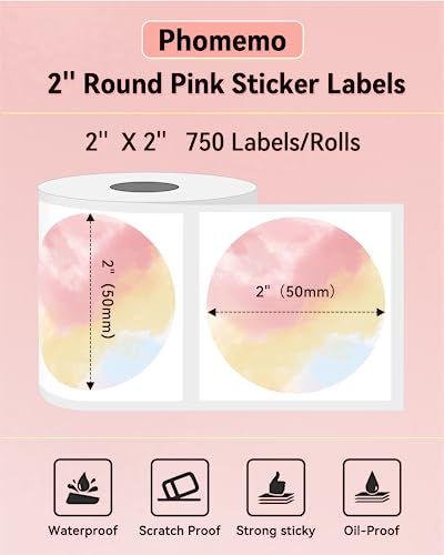 Phomemo 2” Color Circle Thermal Labels, Self-Adhesive Round Direct Sticker Labels, Circular Thermal Printer Label for Logo Design, Name Tag, Thanks Card, Address, QR Code, 750 Labels/Roll, Gradient