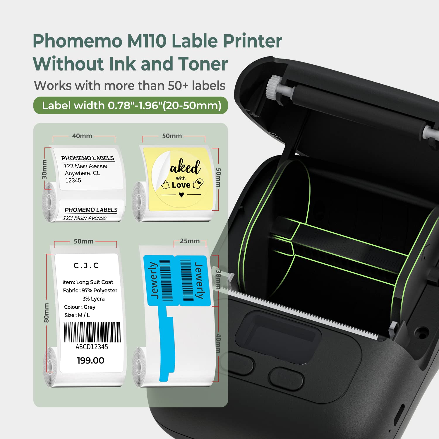 Phomemo M110 Portable Thermal Label Printer, Bluetooth Label Maker Machine for iOS & Android, Barcode Label Printer Machine for Small Business, Address, Office, with 1 Roll 40x30mm Label,Black