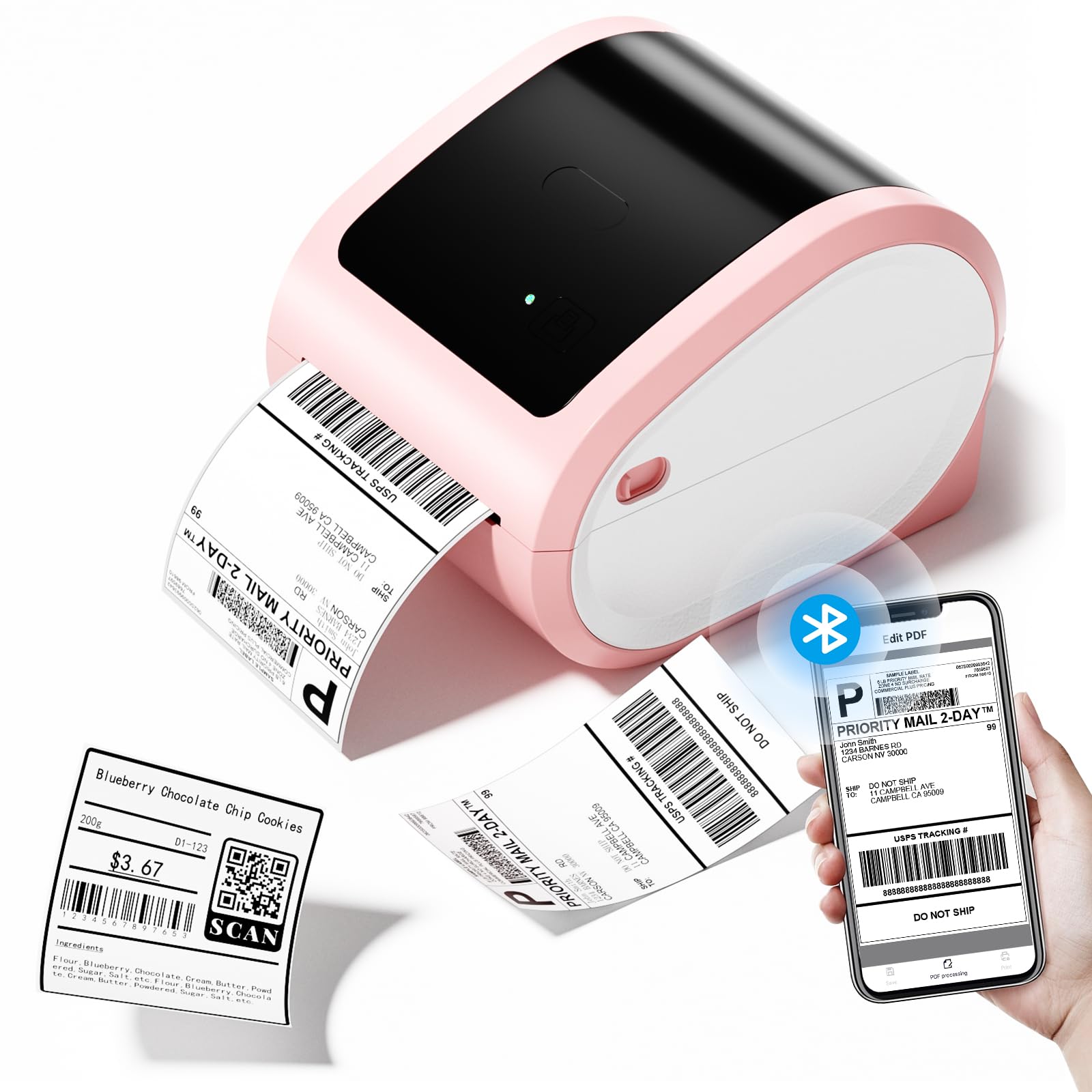 COLORWING Thermal Shipping Label Printer,D520 Bluetooth Thermal Label Printer for Small Business 4x6, Wireless Label Printer with A Label Bin Compatible with USPS,Amazon,Ebay,Etsy,Etc.(Pink)