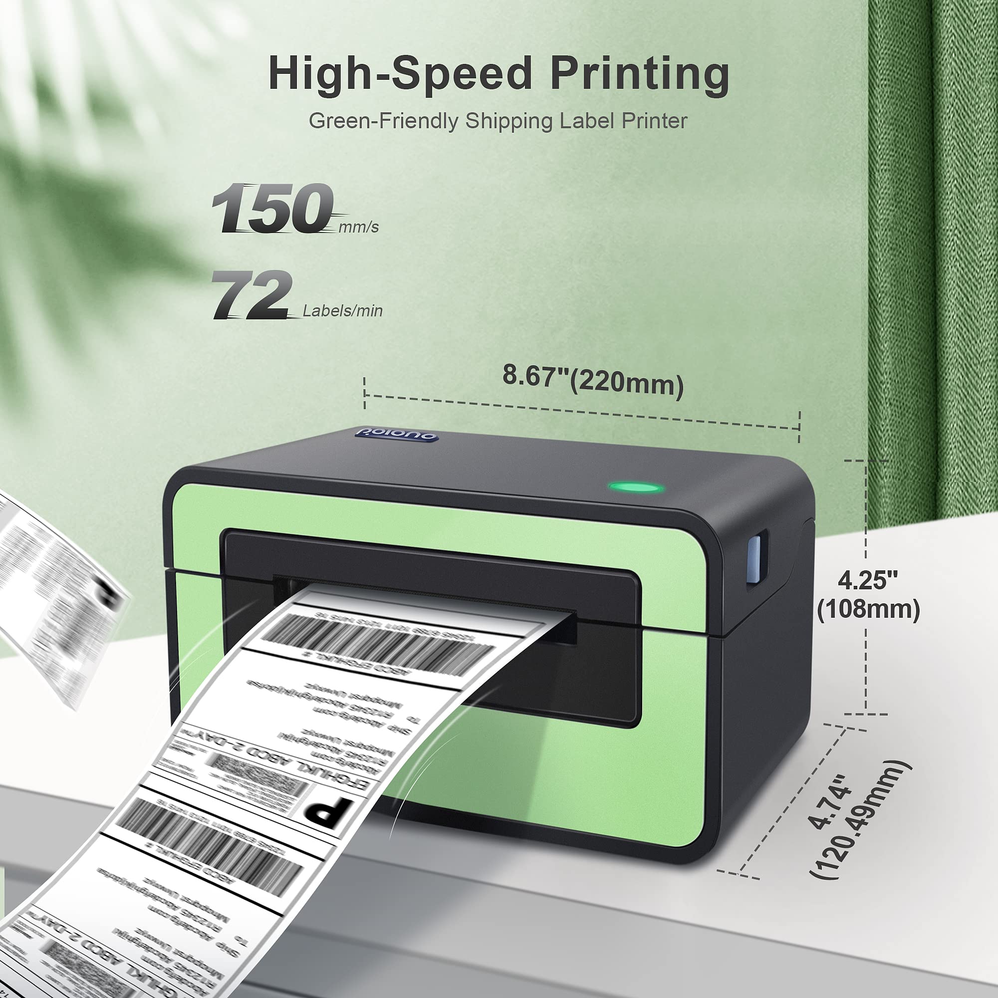 POLONO Shipping Label Printer for Shipping Packages, 4x6 Label Printer, Thermal Label Maker, Compatible with Shopify, Ebay, USPS, FedEx, Amazon & Etsy, Support Multiple Systems(Green)