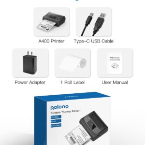 POLONO A400 Bluetooth Thermal Label Printer, 4x6 Label Printer for Shipping Packages Small Business, Bluetooth Shipping Label Printer for iPhone, Android & PC, Compatible with Amazon, Ebay, ect.