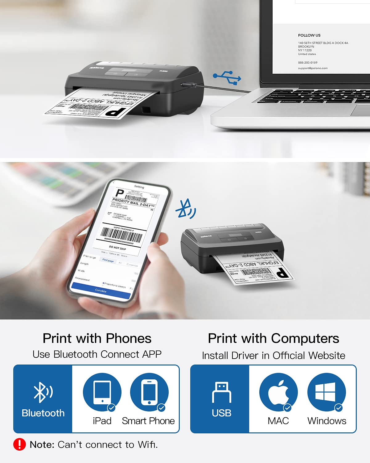 POLONO A400 Bluetooth Thermal Label Printer, 4x6 Label Printer for Shipping Packages Small Business, Bluetooth Shipping Label Printer for iPhone, Android & PC, Compatible with Amazon, Ebay, ect.