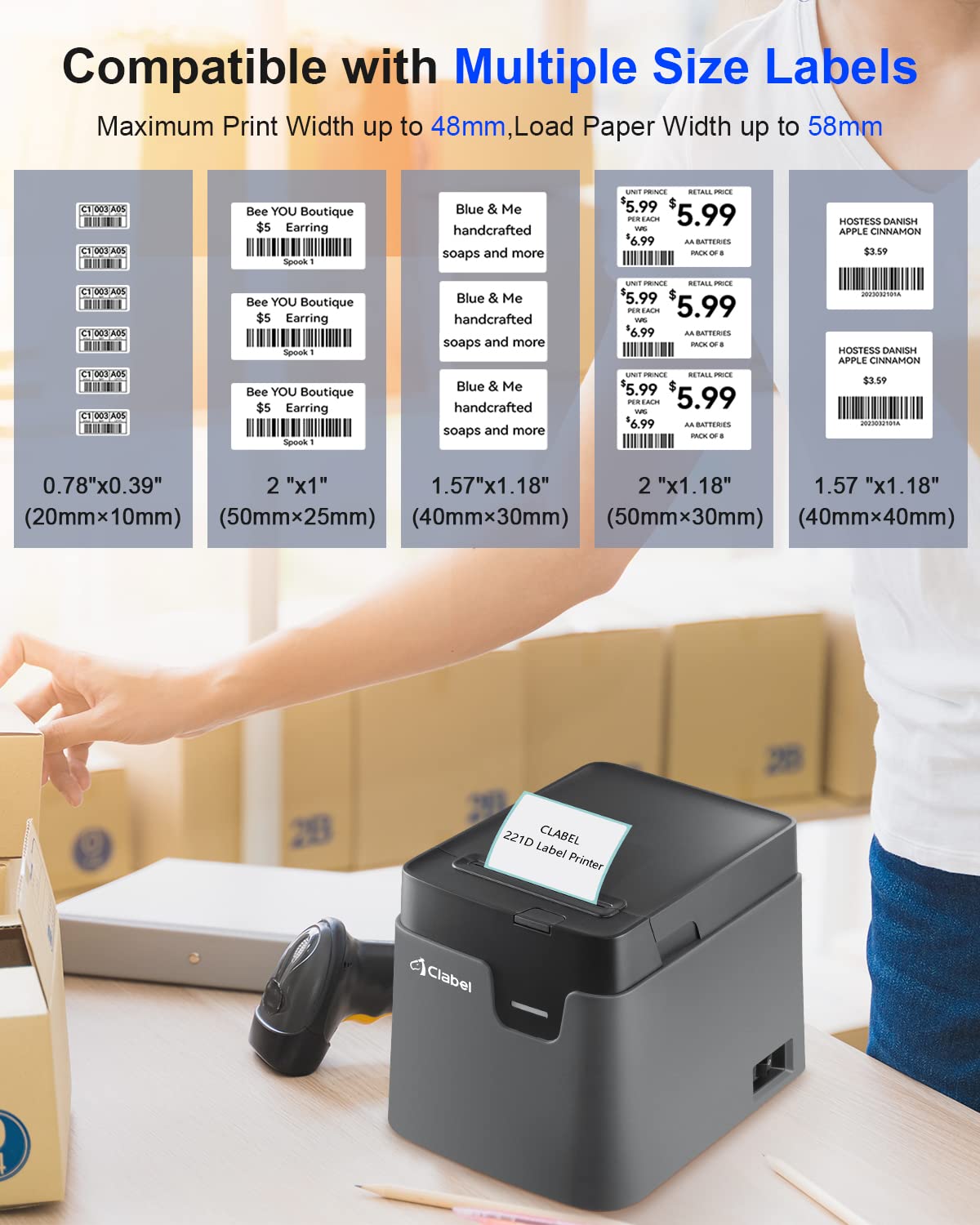 CLABEL 221D Bluetooth Barcode Label Printer: 2 Inch Desktop Label Maker Thermal Barcodes Printer for Address Shipping Warehouse with 1 Roll 40x30mm Label