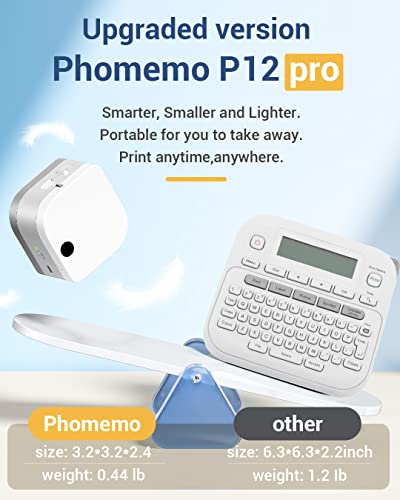 Phomemo P12 Pro Label Maker Machine with Tape, Portable Rechargeable Label Makers Wireless Label Printer Compatible with Android & iOS, Easy to Use Small Business Home Office Organization - White