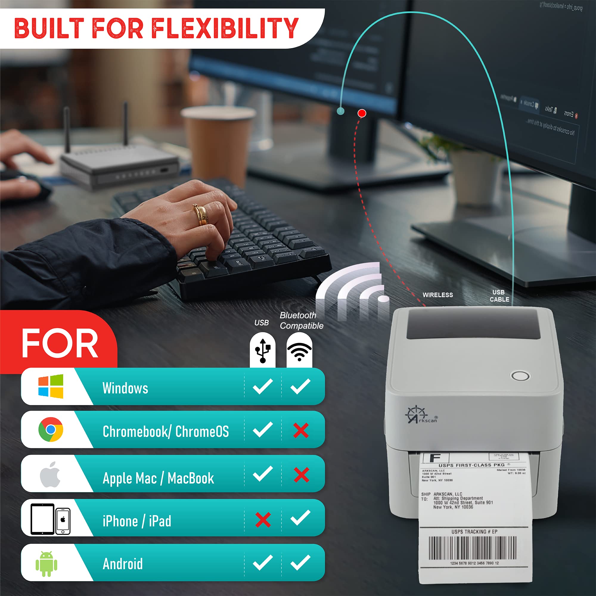 Arkscan 2054K-AP Auto Peel Shipping Label Printer, Separate Label from Backsheet Automatically, Print on Windows Mac Chromebook via USB, Print Wireless for Bluetooth on Windows ONLY, UPS USPS FedEx