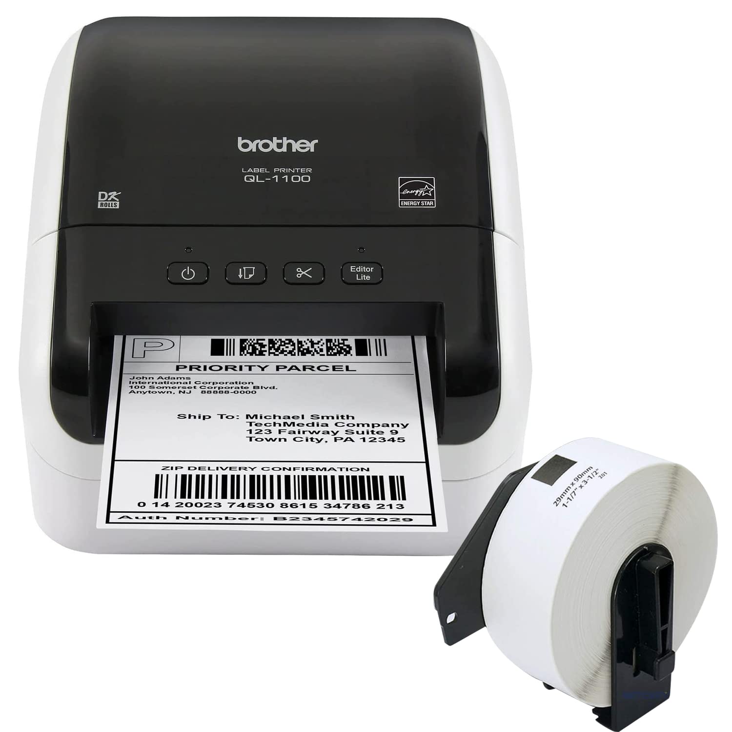 Brother QL-1100 Wide Format Wired Thermal Label Printer, Black - USB Connectivity, 4" Wide, 300 dpi, 69 Labels Per Minute Professional Monochrome Postage Barcode, Includes 1 Roll of 400 Address Labels