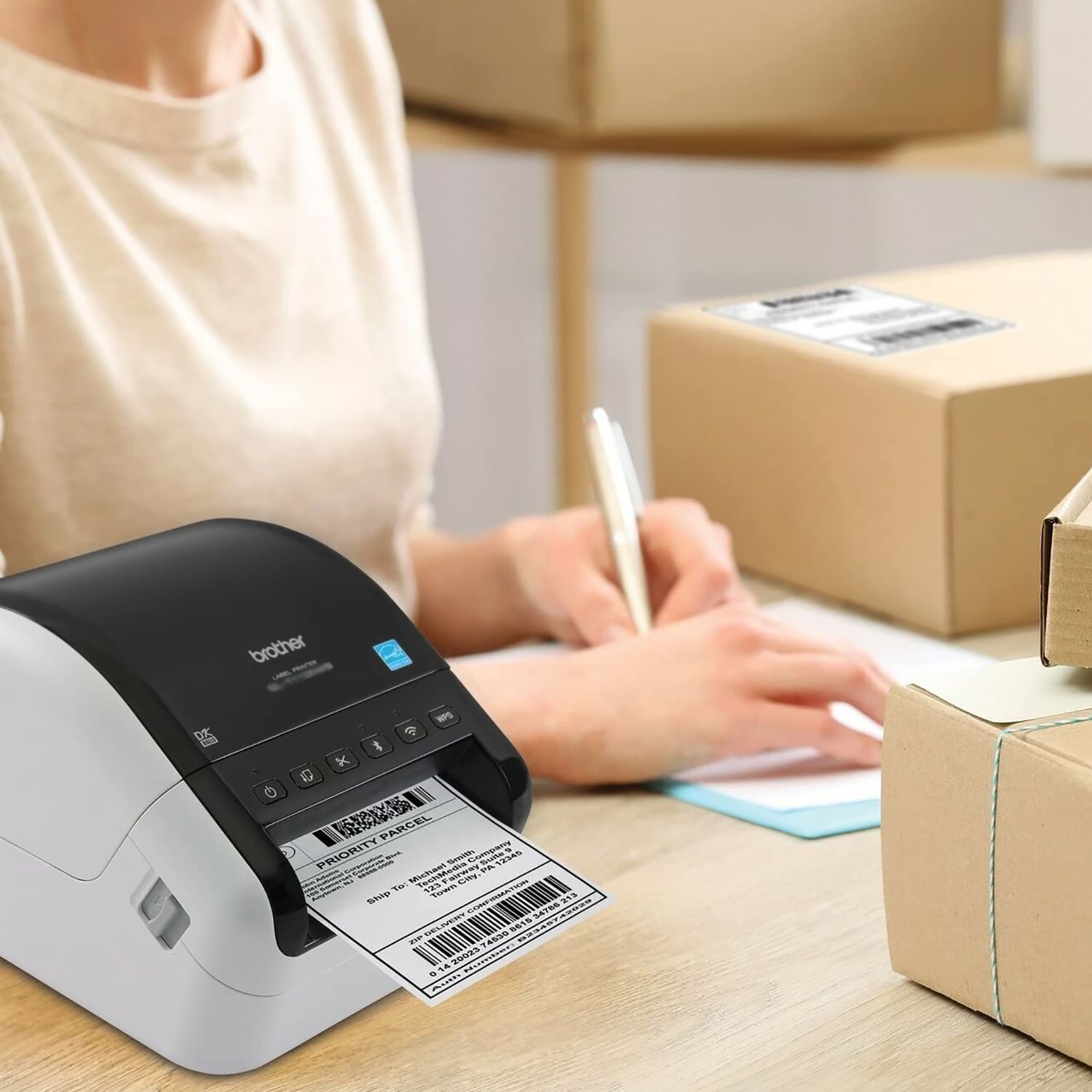 Brother QL-1100 Wide Format Wired Thermal Label Printer, Black - USB Connectivity, 4" Wide, 300 dpi, 69 Labels Per Minute Professional Monochrome Postage Barcode, Includes 1 Roll of 400 Address Labels