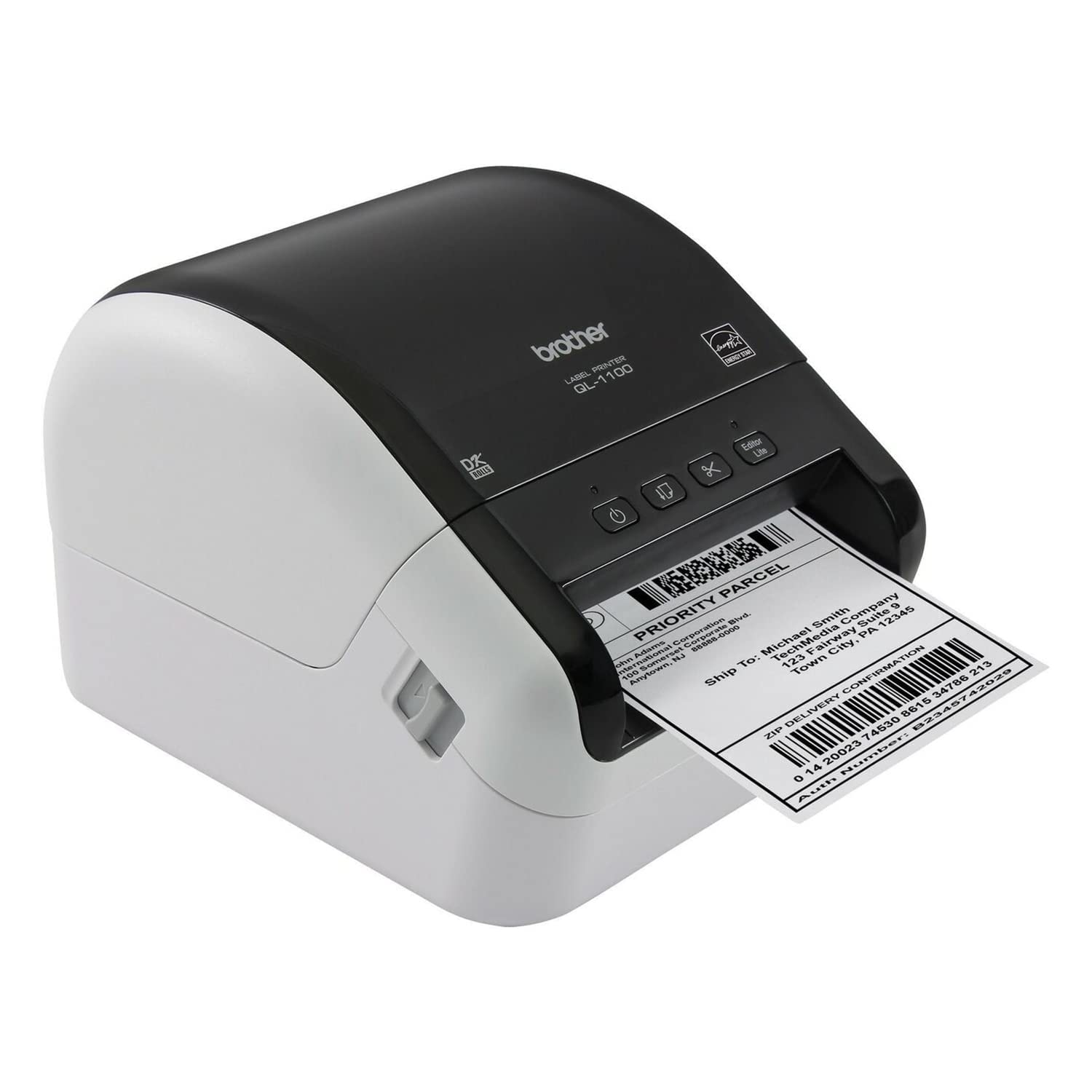 Brother QL-1100 Wide Format Wired Thermal Label Printer, Black - USB Connectivity, 4" Wide, 300 dpi, 69 Labels Per Minute Professional Monochrome Postage Barcode, Includes 1 Roll of 400 Address Labels
