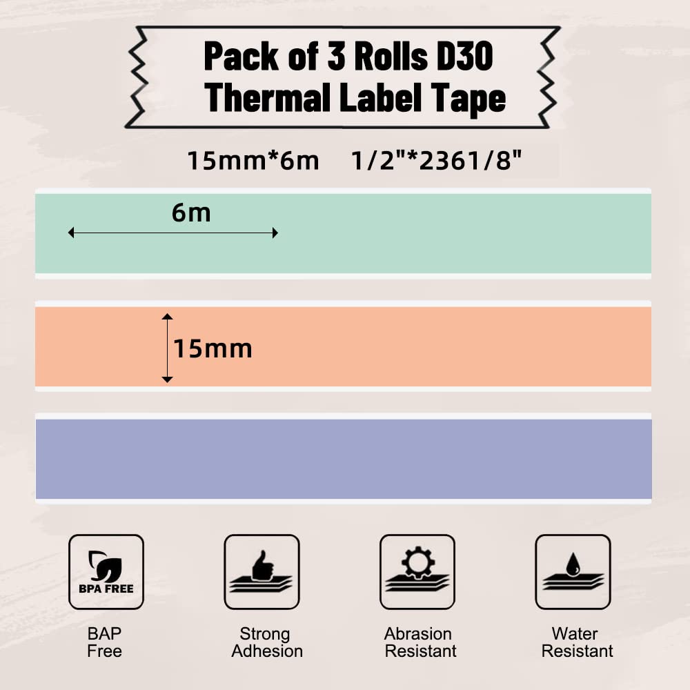 D30 Label Maker with Continuous Label Tapes - 3 Rolls Black on Green, Purple, Orange Tape, Bluetooth Label Maker, Portable Smart Phone Handheld Sticker Mini Labeler Inkless Rechargeable, BPA-Free