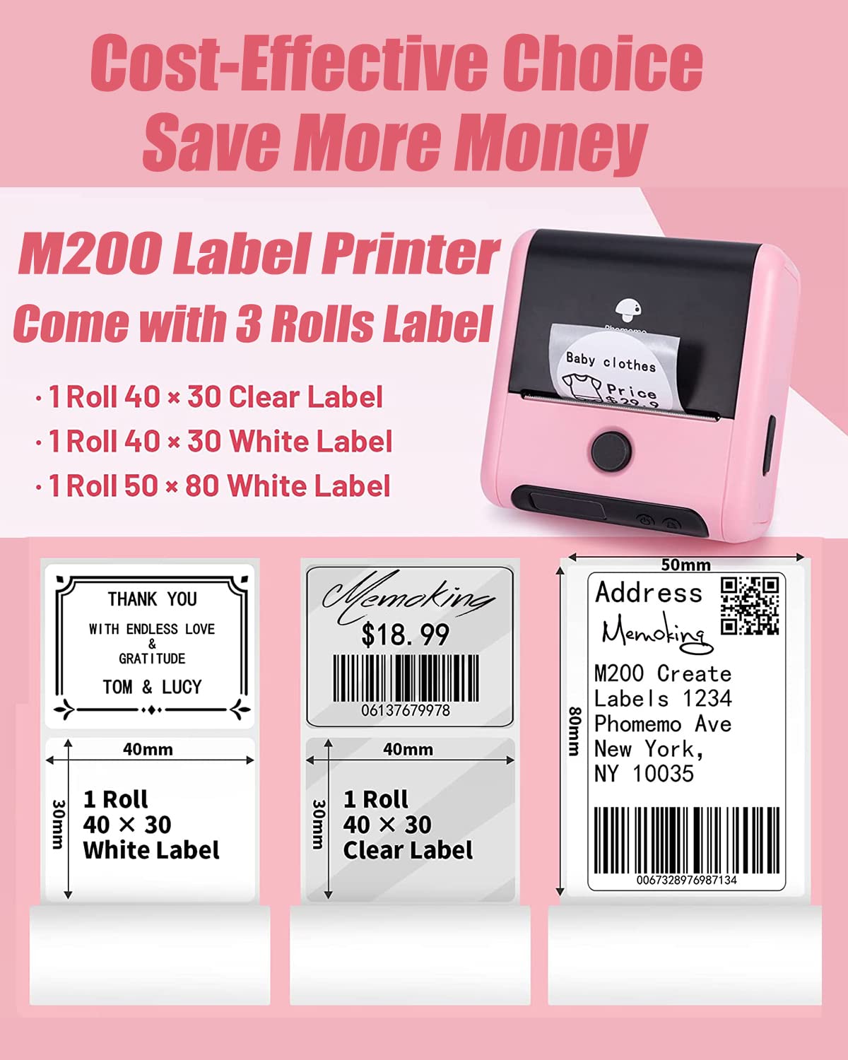 Memoking M200 Label Maker Set with 3 Rolls 1" x 2-5/8" Thermal Label, 3 Inch Barcode Label Printer, Sticker Maker Machine for Labeling, Mailing, Home, Office & Small Business, for Phones&PC-Pink