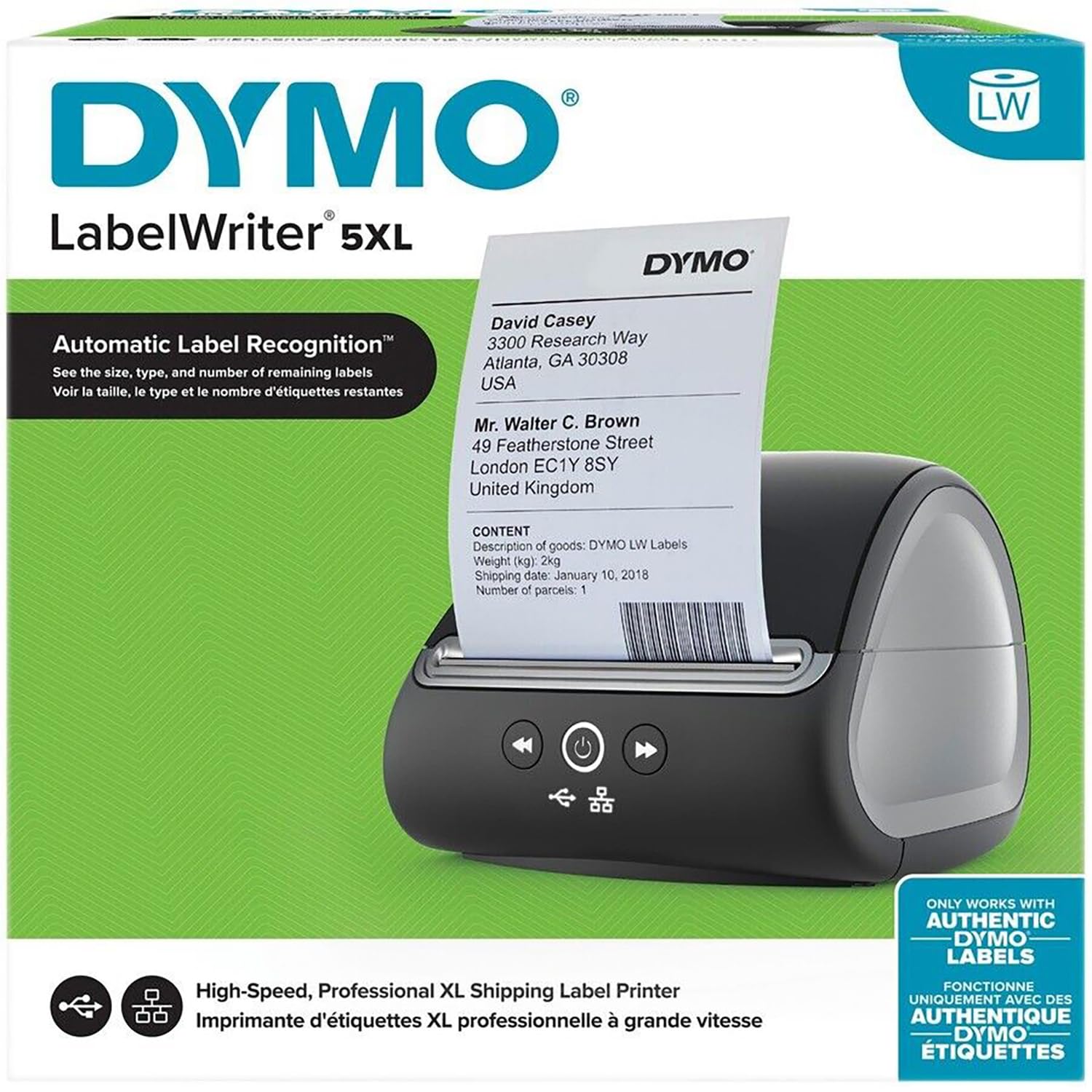 DYMO LabelWriter 5XL Direct Thermal Label Printer with USB and Ethernet Connectivity, Black - Monochrome, 62 Labels Per Minute, 300 dpi, 4 x 6 - Includes 1 Rolls of 500 Labels