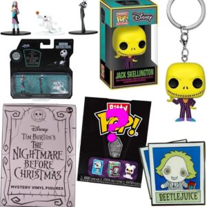 All Hail Jack Nightmare Before Christmas Figure Bundled with Bitty Pop! + Blind Box Mini + Skellington Blacklight NBX Master of Fright Hanger + Sally & Zero + Beetlejuice 5 Items