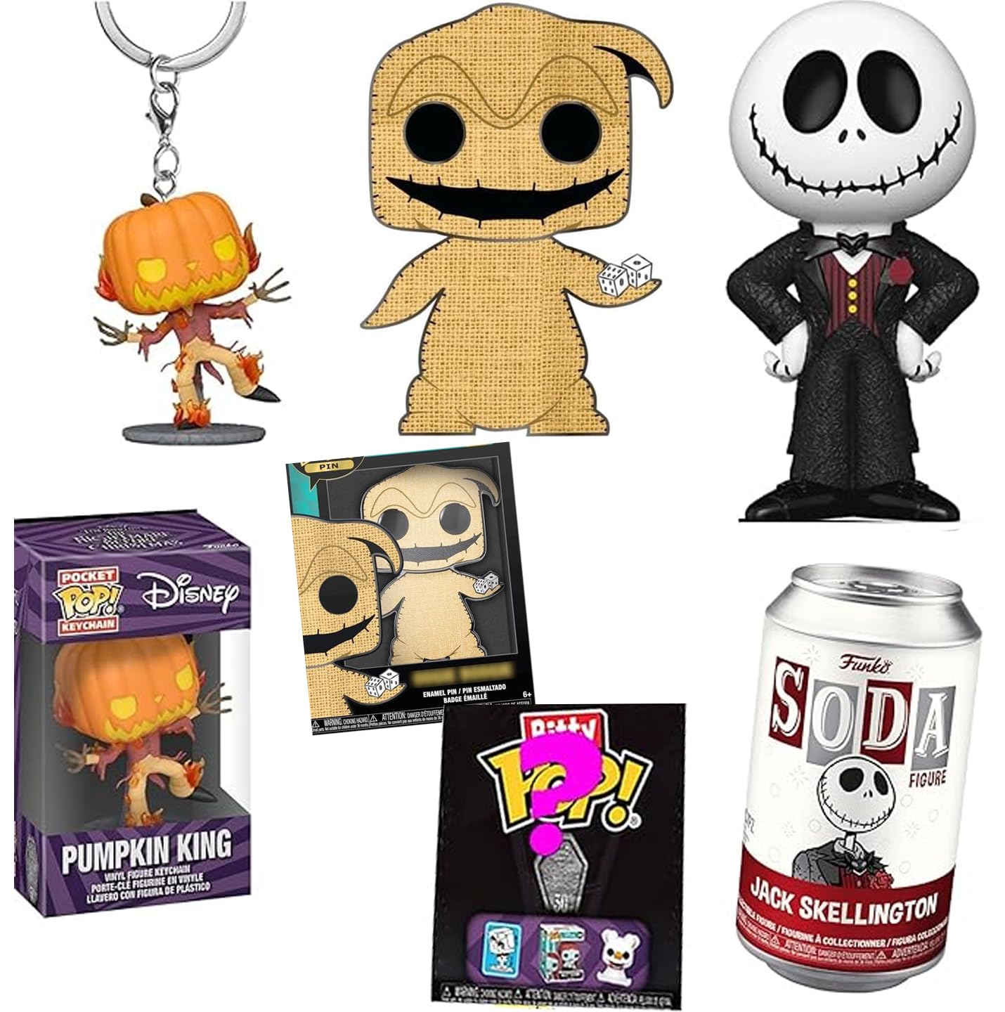 Skull Jack Nightmare Before Christmas Figure Bundled with Scary King Skellington Soda Wild Can + 3D Icon Oogie Boogie Pop! Pin! + Halloweentown Fright Bitty Character! 4 Items