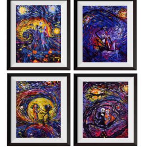 Uhomate 4 pcs Jack Sally Jack and Sally Nightmare Before Christmas Vincent Van Gogh Starry Night Posters Wall Art Wall Decor Bedroom Bathroom Artwork M038 (8X10)