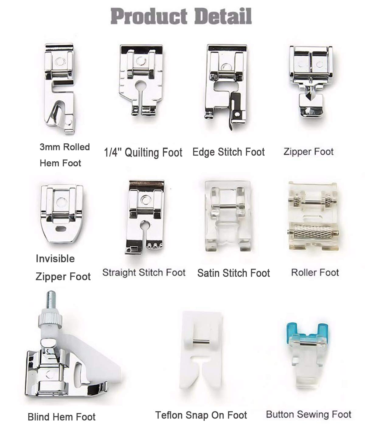 11 Pcs Sewing Machine Presser Foot Set for Low Shank Snap-On Sewing Machine Singer, Brother, Babylock, Euro-Pro, Janome, Kenmore, White, Juki, New Home Sewing Machines