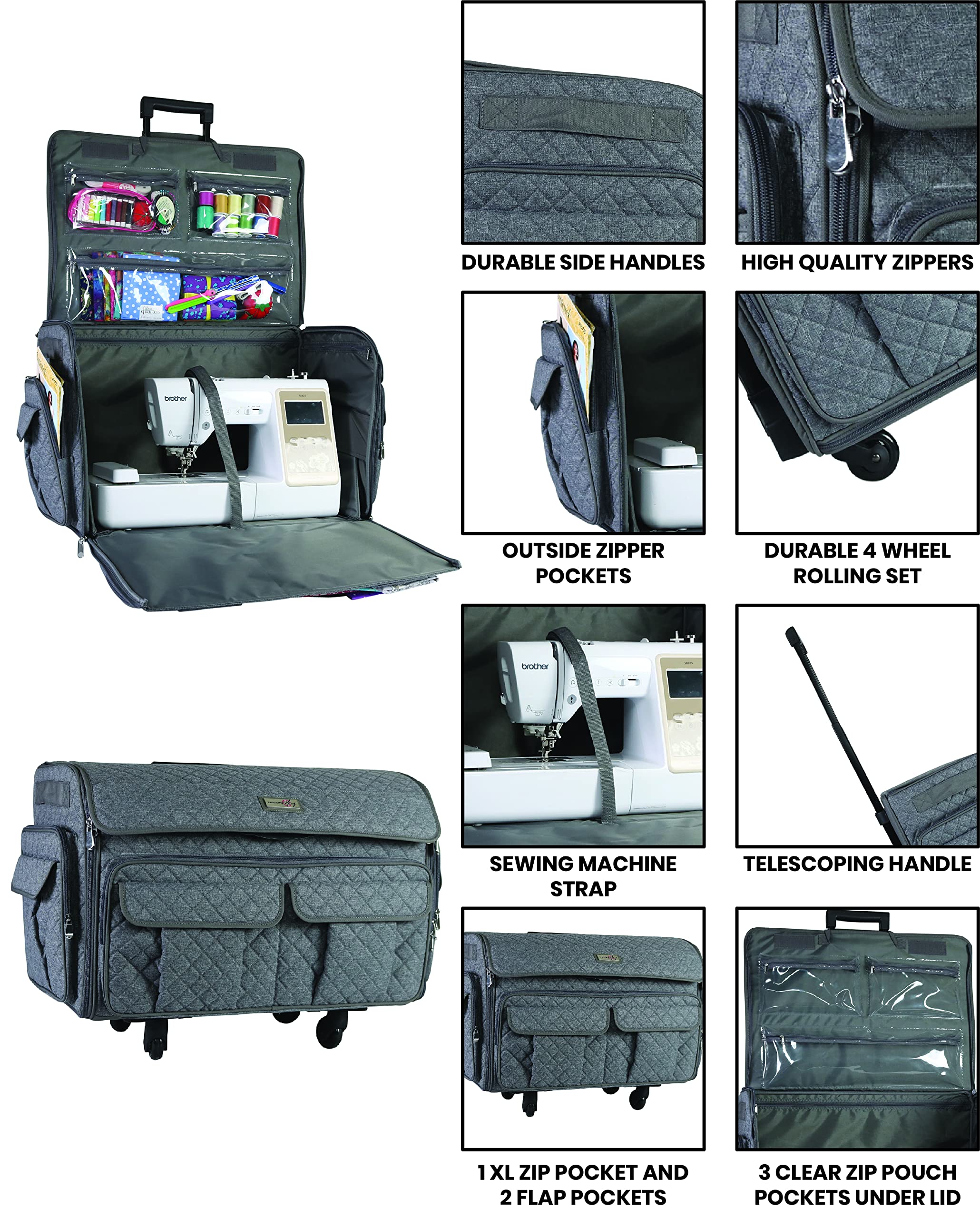 Everything Mary XXL Rolling Sewing Tote, Heather Grey - Rolling Carrying Storage Cover Case Compatible with Large Brother and Singer Machines - Universal Travel & Craft Tote Bag