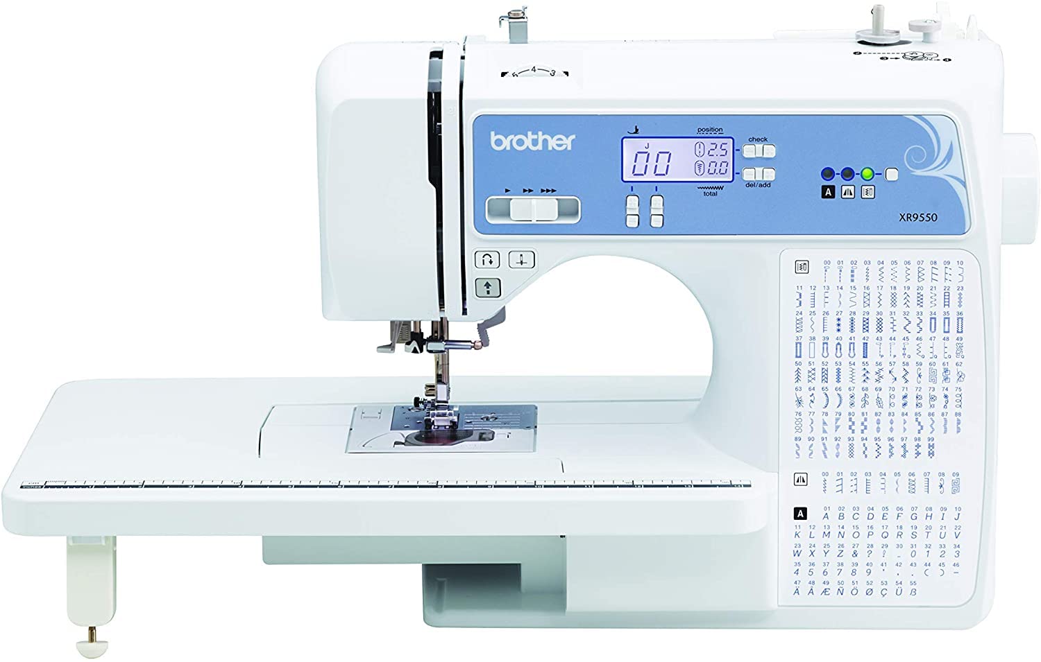 Brother XR9550 Sewing and Quilting Machine, Computerized, 165 Built-in Stitches, LCD Display, Wide Table, 8 Included Presser Feet - White