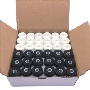 YEQIN Prewound Bobbin Thread, Sideless, 144pcs Type L Size (SA155) (72White + 72Black) 75D/2 Polyester Thread, Compatible with Babylock, Barudan, Bernina, Brother, Consew, Singer, Tajima and More