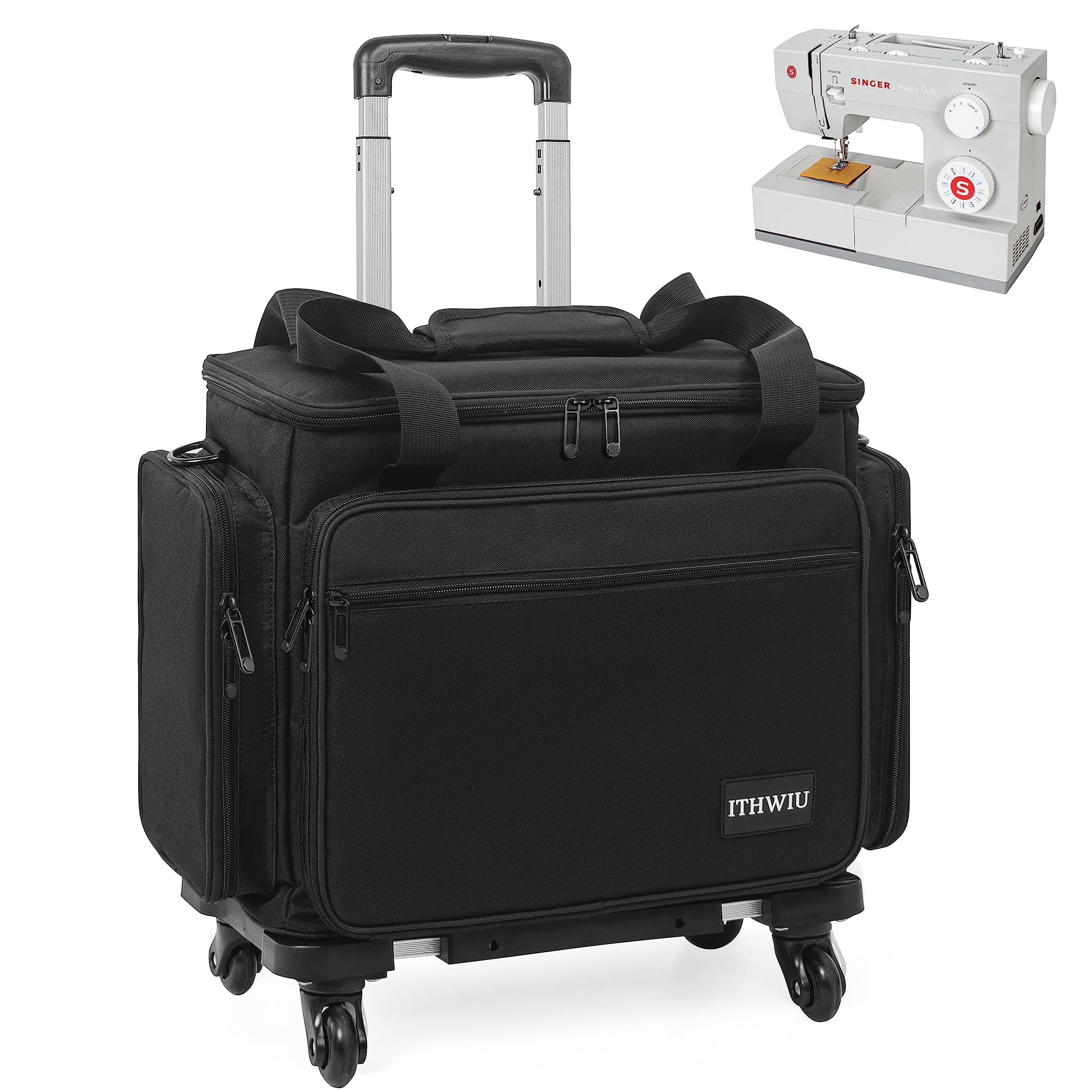 ITHWIU Sewing Machine Case with Wheels, Rolling Trolley Tote with Multiple Storage Pockets for Accessories, Black